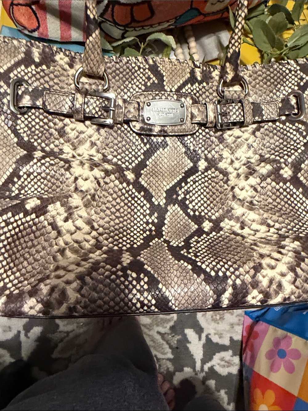 Michael Kors Snake-Embossed Shoulder Bag in Brown and Cream